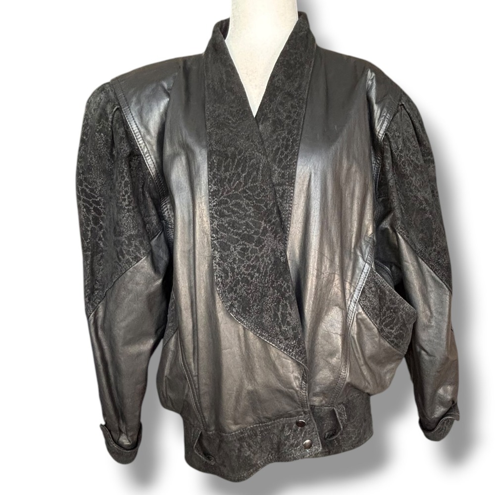Vintage 80s Black Leather Jacket Suede Embossed Oversized Batwing Belted Moto